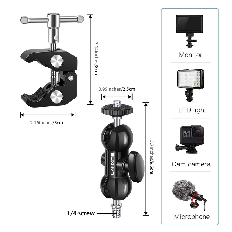 Super Clamp Camera Mount with Double Ball Head Magic Arm and 1/4" Screw - 360° Rotation - Fits for Camera, GoPro, Insta360, Action Camera, Monitor, Microphone - 1/4" and 3/8" Threaded Holes