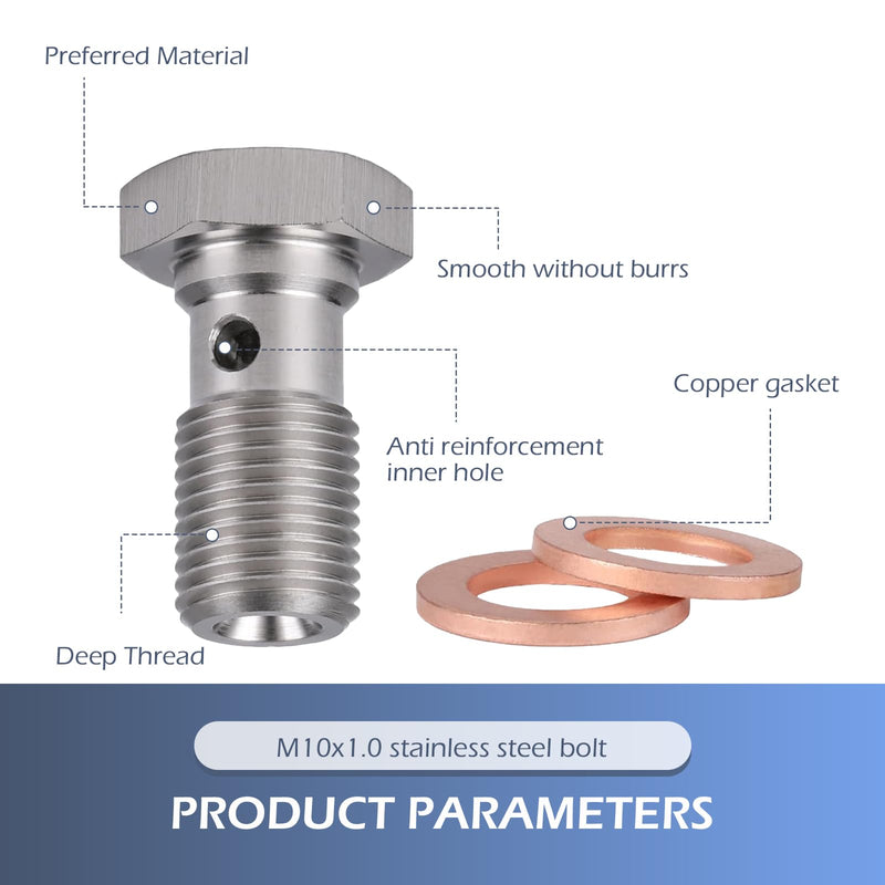 M10x1.0 Metric Stainless Steel Single Banjo Bolt Brake Fitting Adapter, with Copper Washers, Threaded Turbo Brake Line Banjo Fittings, 20mm Long