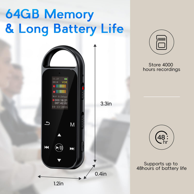 64GB Digital Voice Recorder,4600 Hours HD Voice Activated Recorder | AI-Intelligent Noise Reduction,A-B Repeat,Touch Button,Password,USB-C Recording Device for Lectures,Meetings,Interviews