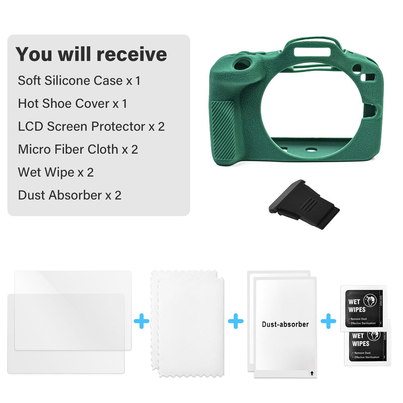 EOS R100 Camera Case Accessories Kit - Silicone Protective Case for Canon eos R100[Green] & LCD Screen Protector for Canon R100[2 Packs] & Camera Hot Shoe Cover for R100 GREEN