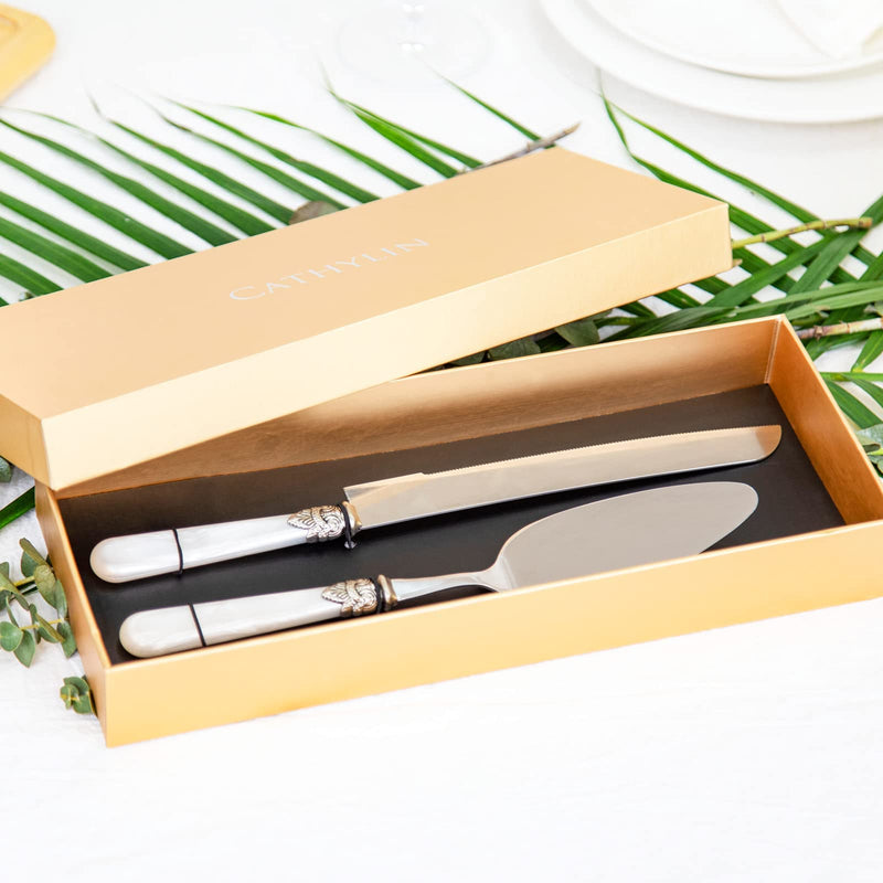 Wedding Cake Knife and Serve Set, Fancy Hand Craft Italian Style Design, Pearl Pie Knife Server Set, Vintage Silverware,Cake Cutter Set, Cake Knife Gift Set, 2 pcs (White) White