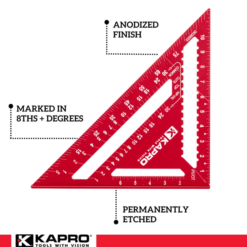Kapro - 446 High Definition Anodized Rafter Square - Resists Wear and Corrosion - Features Conversion Table and Protractor - Lightweight & Compact Profile - 12 Inch 12" Hi-Def Square