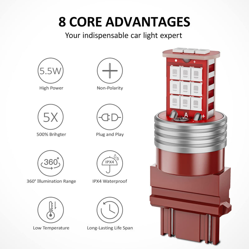 3157 LED Bulb Flashing Brake Lights, 300% Brighter 3156 3047 3057 3457 4157 4057 Plug and Play Strobe Blinking LED Stop Tail Lights, Brilliant Red 3157/3156