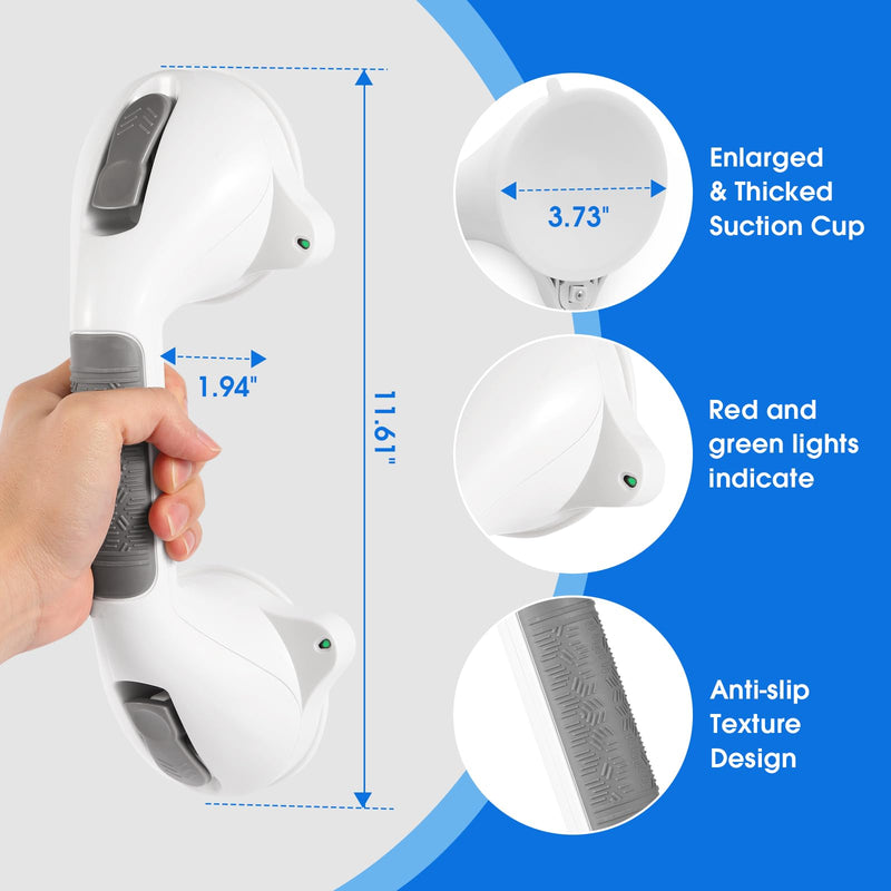 Suction Grab Bar with Safety Indicator for Bathtub Shower Bathroom, Heavy Duty Handrail Removable Reusable for Elderly Disabled and Kids, Anti-Slip Grip, No Drilling Tool Free, Waterproof Grey 12'' 2 Pack Gray