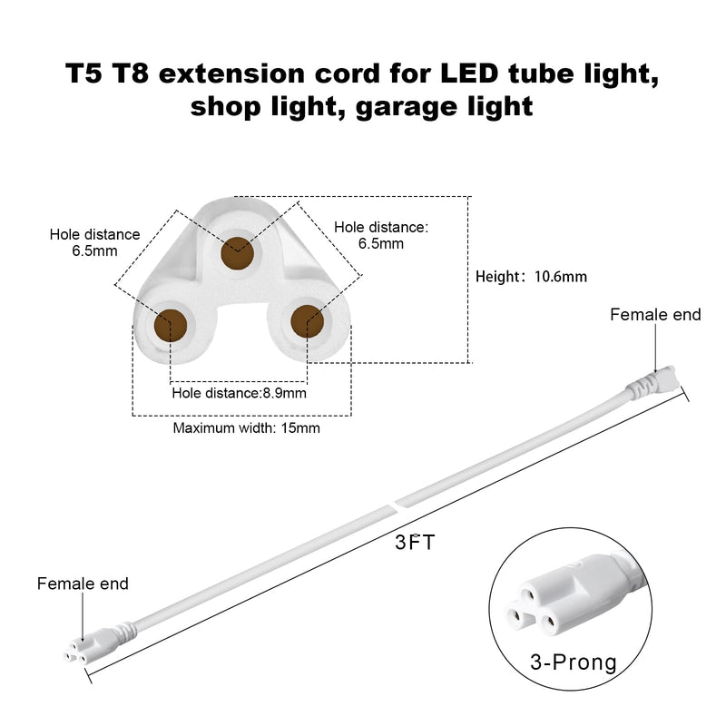 3FT Extension Cords T5 T8 Lamp Wire Power Cable,Double Female End LED Connector,3-Prong Lamp Connecting Cord for LED Integrated Tube,Shop Lights Fixture,Garage Lighting,Grow Light,Pack of 8 3FT