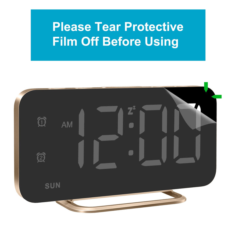 Slim LED Digital Alarm Clock, Mirror Surface for Makeup, with Diming, Large Display, Easy Setting, USB Charger Ports, Modern Bedroom, Desk, Office Living Room Decor, Christmas Birthday for Women Girl Gold