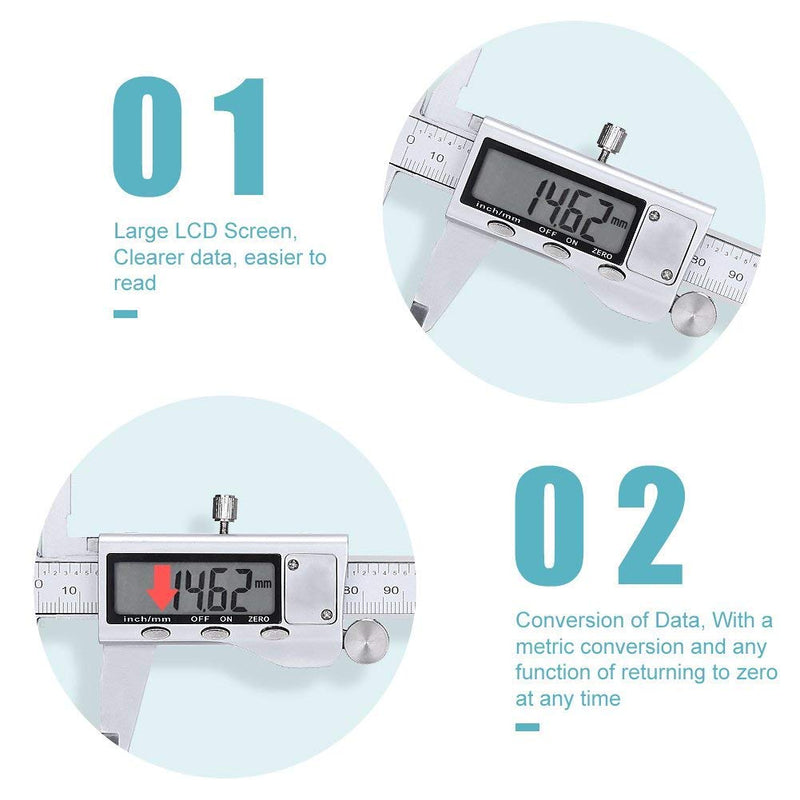 Digital Caliper Measuring Tool, Stainless Steel Vernier Caliper Digital Micrometer with Large LCD Screen, 6 Inch Caliper Tool for DIY/Household, Auto-Off Feature, Inch and Millimeter Conversion RO-04