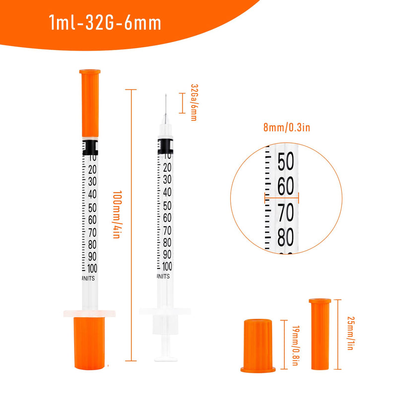 100pack 1cc Syringes with 32G 1/4 Inch-6mm U-100 Accurate Measuring for Liquid Individually Sealed Packaging 1ml-32g-6mm-100pcs