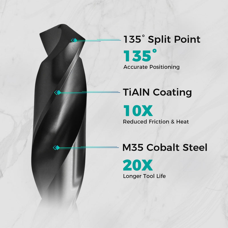 21Pcs M35 Cobalt Drill Bit Set (Pro), 1/16"-1/2", TiAlN Coat, 3-Flats Shank | 135° Split Point, Jobber Twist Metal Drill Bit Set with Storage Case, for Hardened Metal & Stainless Steel, Wood & Plastic 21 Piece