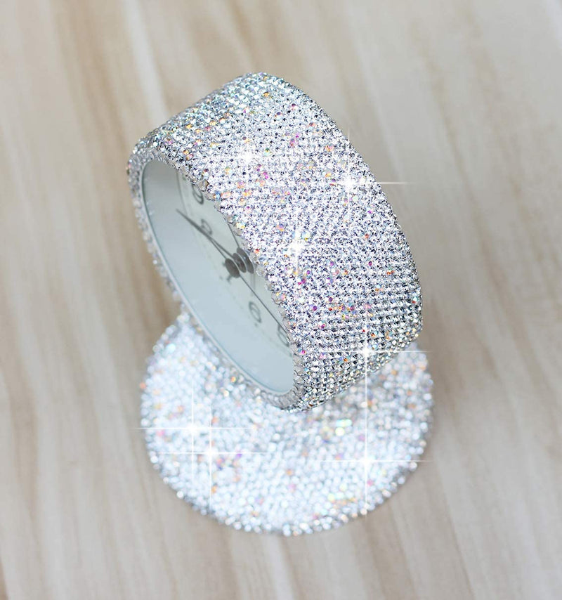 Luxury Rhinestone Small Alarm Desk Table Clock Morning Call Handmade Fashion Design for Bedroom Houseroom Living Room Cute As Gift AR (Silver) Silver