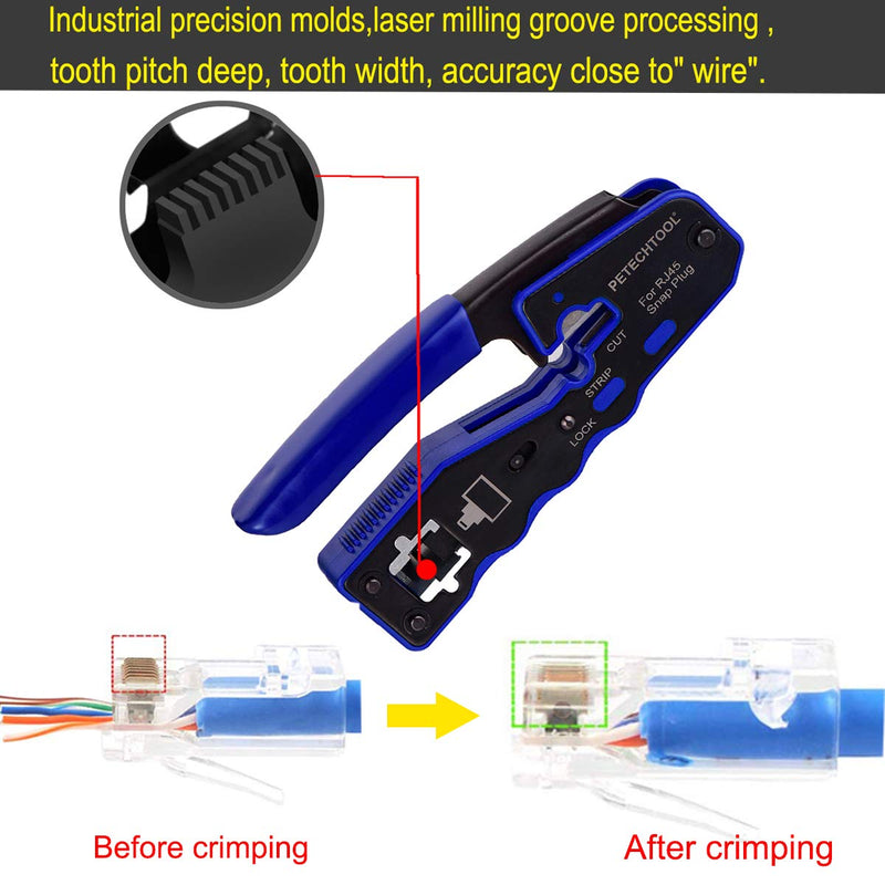RJ45 Crimp Tool for Cat5e Cat6 Cat6a Pass Thrugh Connectors with 20 pieces Cat6 Connectors and 20 Pieces Boots RJ45 Crimper Kit