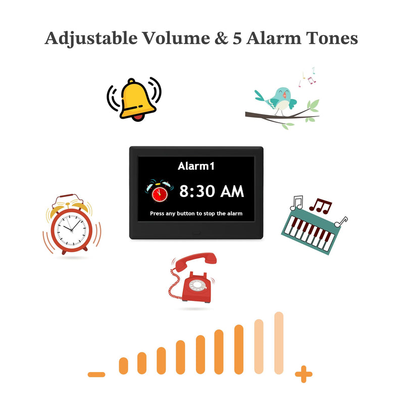 7'' Dementia Clock For Seniors, Large Display Digital Clock With Date, Time, Day Of Week for Elderly, Memory Loss, Alzheimer, 1024*600P HD, 10 Reminders & 6 Alarms, Auto Dimming & DST, Remote Control 7" Black