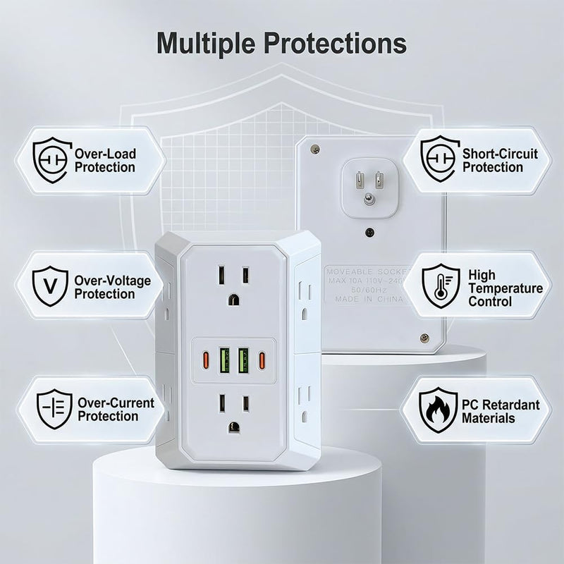 6 in 1 US Plug Wall Outlet Splitter with 2 USB Charging Ports, Multi Electrical Outlet Extender for Indoor Use,White white