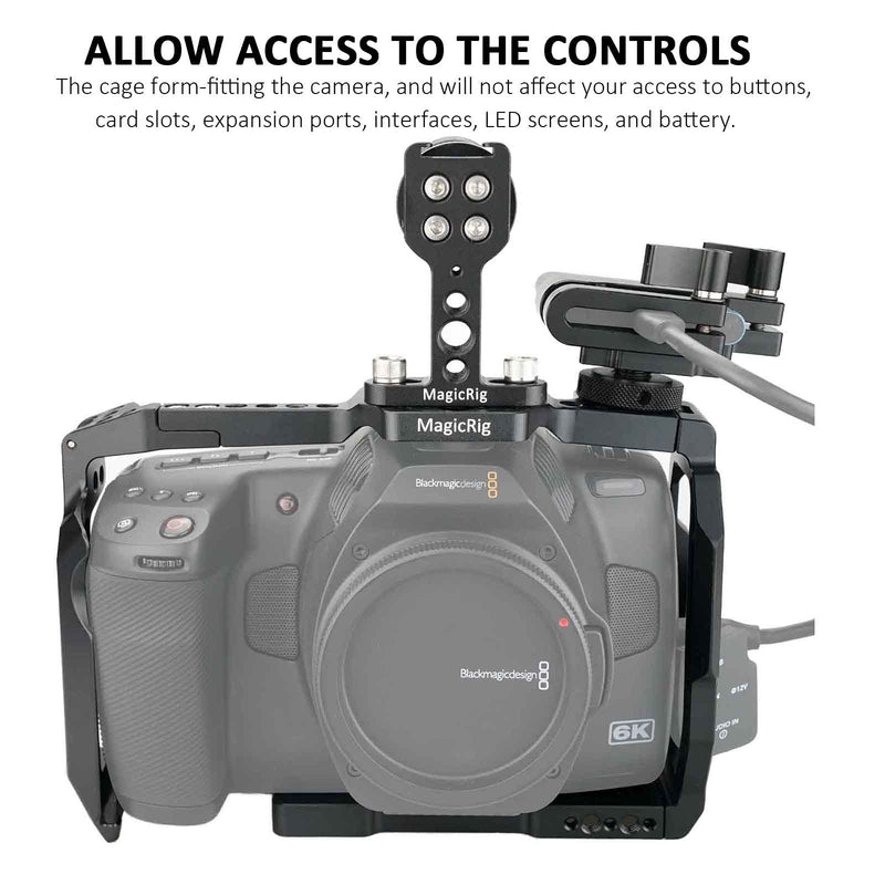 BMPCC 6K Pro Cage Rig for Blackmagic Design Pocket Cinema Camera 6K Pro & G2, with Rubber Top Handle, T5 SSD Mount Clamp -579 cage + rubber top handle + T5 holder
