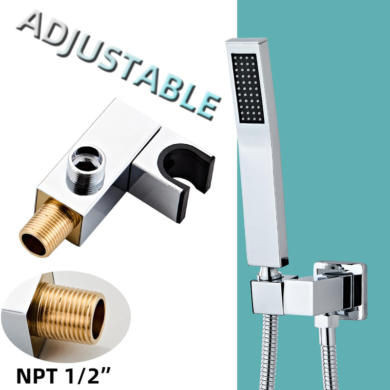 Bathroom Square Chrome Solid Brass Hand Held Shower Head With Wall Connector and Hose System Wall Mount Handheld Showerheads Set