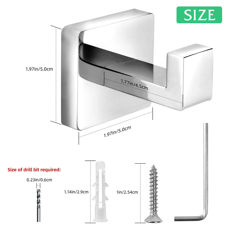 Heavy Duty Stainless Steel Towel Hooks, Wall Mounted Square Robe Hooks for Bathroom, Kitchen, Bedroom, Hotel Chrome Polished 2 Pack