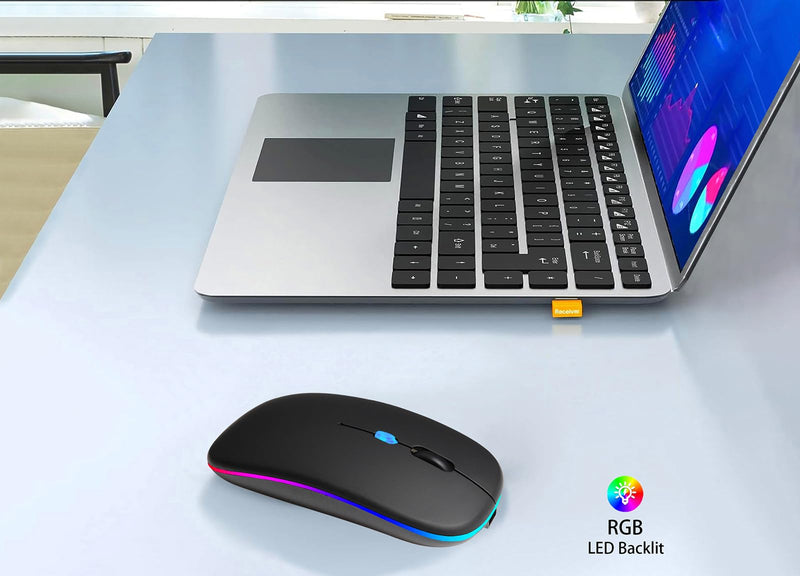 Wireless Bluetooth Mouse,LED Rechargeable Laptop Mouse .Portable Office Computer Mice use(BT5.2 and USB 2.4G) Dual Mode Connection,Silent,Slim,for Apple Laptop/ipad Tablet/Mac/PC/phone.(Black) Black