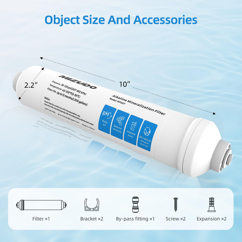MIZUDO 12 Months Remineralization Filter, 1/4" Quick Connect Alkaline Filter for RO Reverse Osmosis System Under Sink, PH Balance and Restore Minerals, 10-inch PH Alkaline Filter