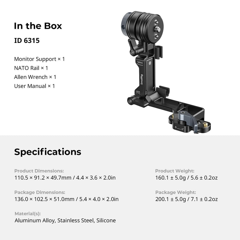 SmallRig L-Shaped Monitor Support for Vertical Shooting with NATO Rails, Stepless Damping 360° Adjustment, Support 5” and 7” Field Monitor - 6315