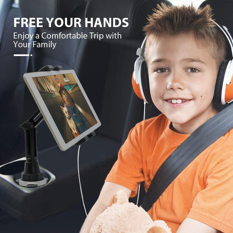 Cup Holder Tablet Mount, 360° Rotation Universal Cupholder Tablet Car Mount with Adjustable Arm for 4-13" Devices, iPad Pro 12.9 Air Mini, Galaxy Tabs, Lenovo, iPhone, Tablets & Phones