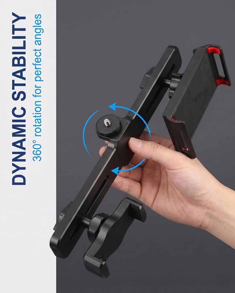 Dual Phone and Tablet Mount Adapter, 1 Set (H101 Bracket + B2 + F1 Clips), 360° Rotating Tripod Holder, Cold Shoe Mount for 1/4" Screws, Delivers Rock-Solid Stability for Hands-Free Vlogs
