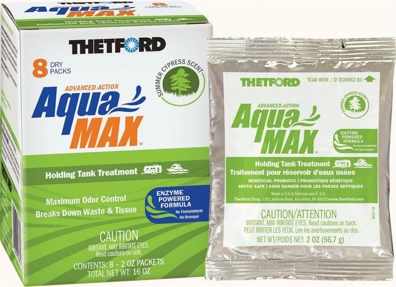 THETFORD AquaMAX Summer Cypress Scent RV Holding Tank Treatment, Formaldehyde Free, Waste Digester, Septic Tank Safe, 8 Count Dripack (96674)