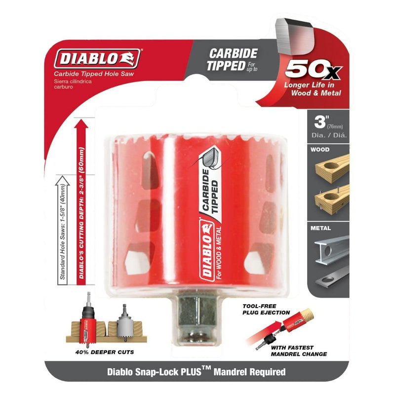 Diablo Carbide Teeth Hole Saw for Wood and Metal - Ideal for Cutting Wood, Plastic, Aluminum, Metal, Cast Iron, Stainless Steel - 3" Diameter, 2-3/8" Length - DHS3000CT