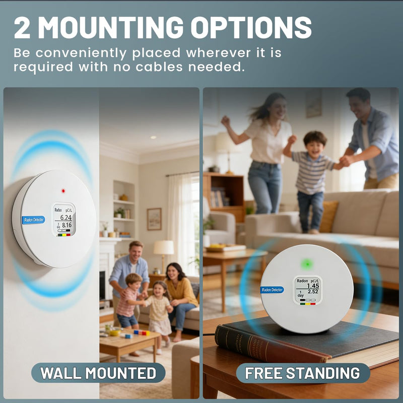 Radon Detector, E-Ink Screen, Alpha Spectrometer Sensor, 2-Year Battery Life, Wall Mounted & Free Standing, PCi/L & Bq/m³ Units Switchable, Hello Radon C, for Home, Office, Workplace