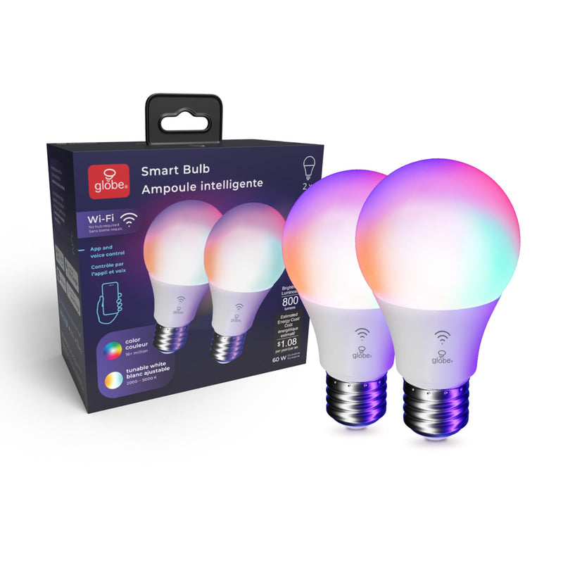 Globe Electric 34207 Wi-Fi Smart 10 Watt (60W Equivalent) Multicolor Changing RGB Tunable White Frosted LED Light Bulb 2-Pack, No Hub Required, Voice Activated, 2000K - 5000K, A19 Shape, E26 Base Color Changing