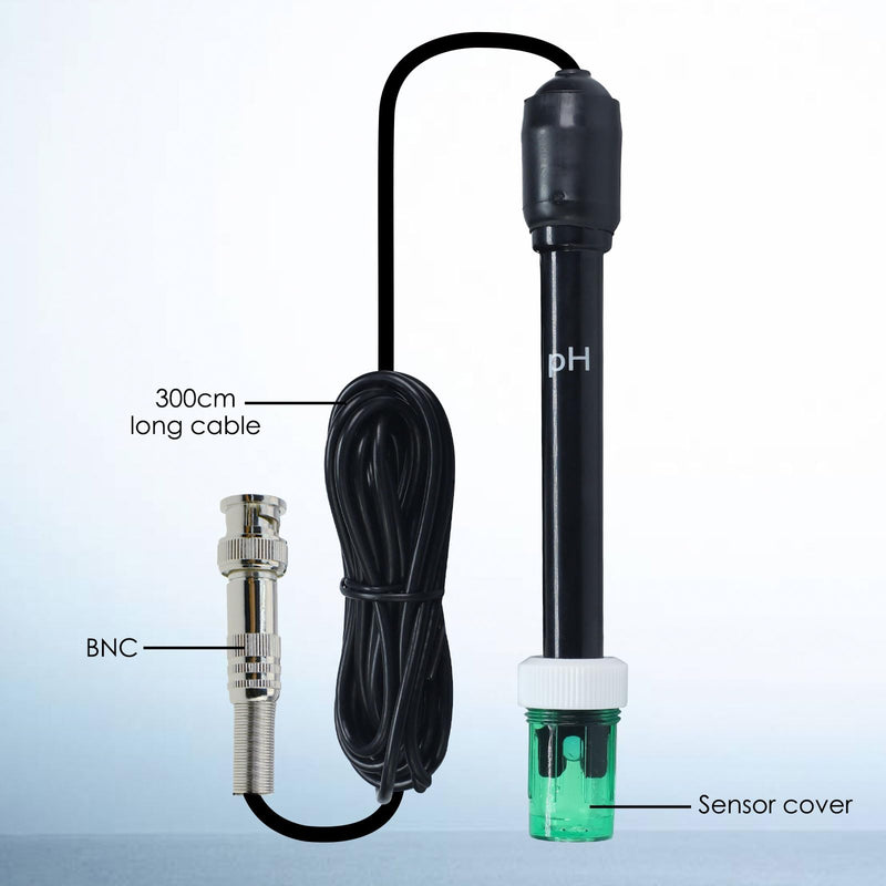 Replaceable pH Electrode Probe with BNC Connector Long 300cm Cable with Calibration Powder for pH Meters, Controllers, Water Testing, Labs, Pools & Spas