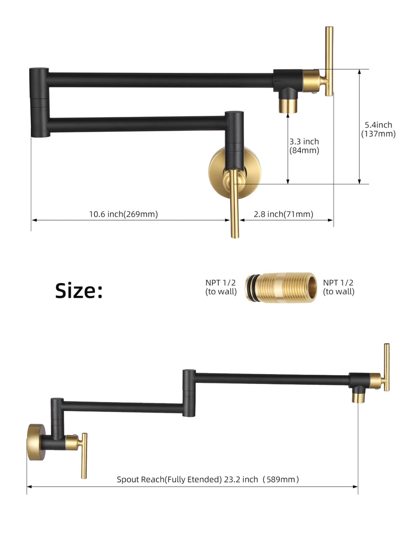 Fransiton Black Gold Pot Filler, Pot Filler Faucet Wall Mount, Brass Folding Stretchable with Double Joint Swing Arm Single Hole Two Handles Kitchen Black & Gold