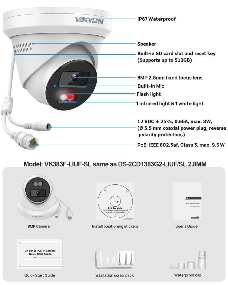 VIKYLIN 8MP 4K IP PoE Camera Two-Way Audio, Active Deterrent Audible Warning Strobe Flash Light Alarm, Smart Hybrid Light Color Night Vision, White-VK383-SL