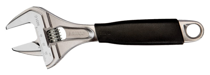 Bahco BAH9031RCUS 8" SAE Big Mouth Adjustable Wrench with Handle, Wide Jaw, Slim Head, and True Ergo Grip for Tight Spaces, Ideal for Maintenance, Plumbing, and Electrical Repair Tasks 8 inches Chrome Finish - Standard Jaw