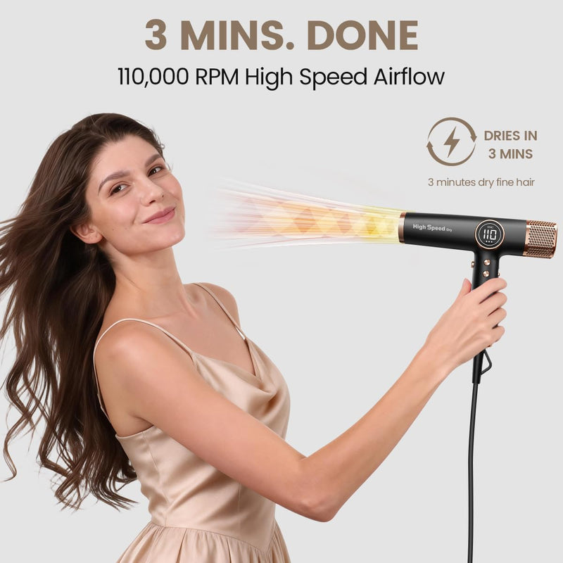 Faszin High Speed Hair Dryer, Lightweight Hairoryer with 110,000 RPM Motor, Fast Drying lonic Hair Dryer for Women & Men, Low Noise, 3 Magnetic Nozzles, Black(Matte Finish) Matte Finish