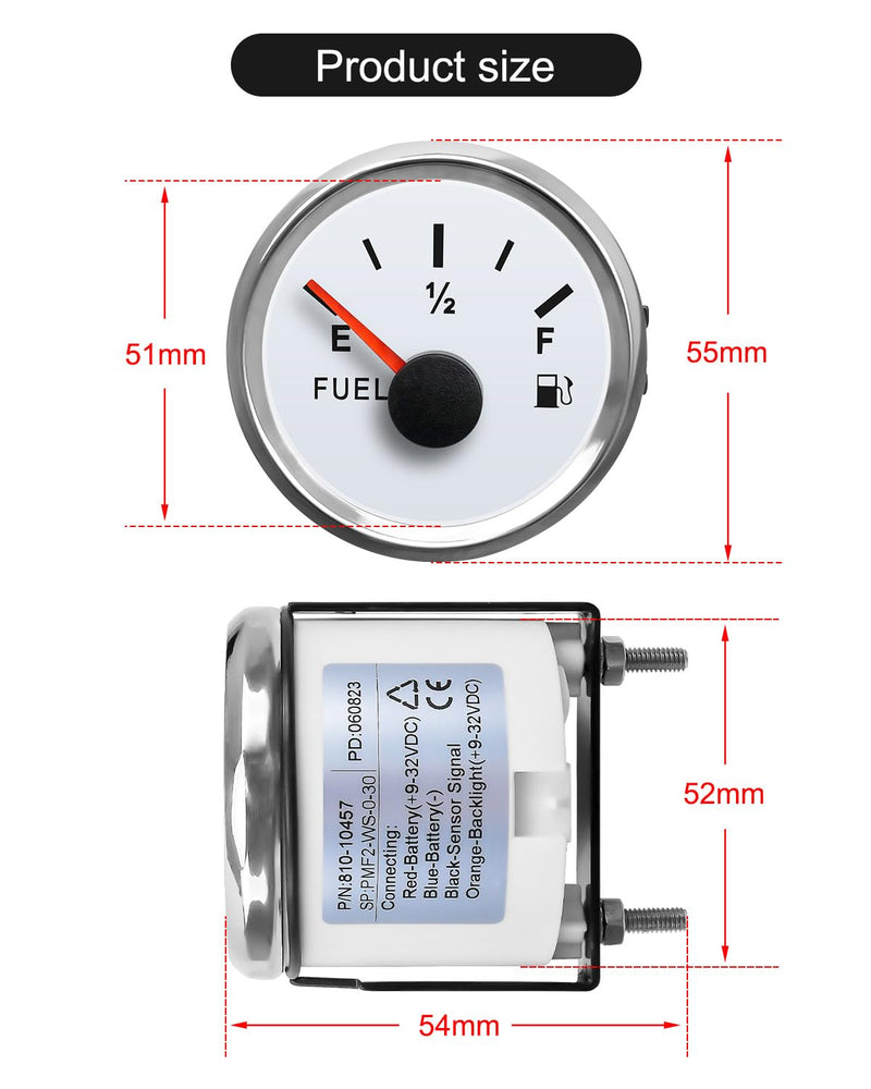 White 0-30 ohm Fuel Gauge Fit for Cars Motorcycles Ships Tractors Yachts, Fuel Level Gauge with LED Light and 52 mm Dial White