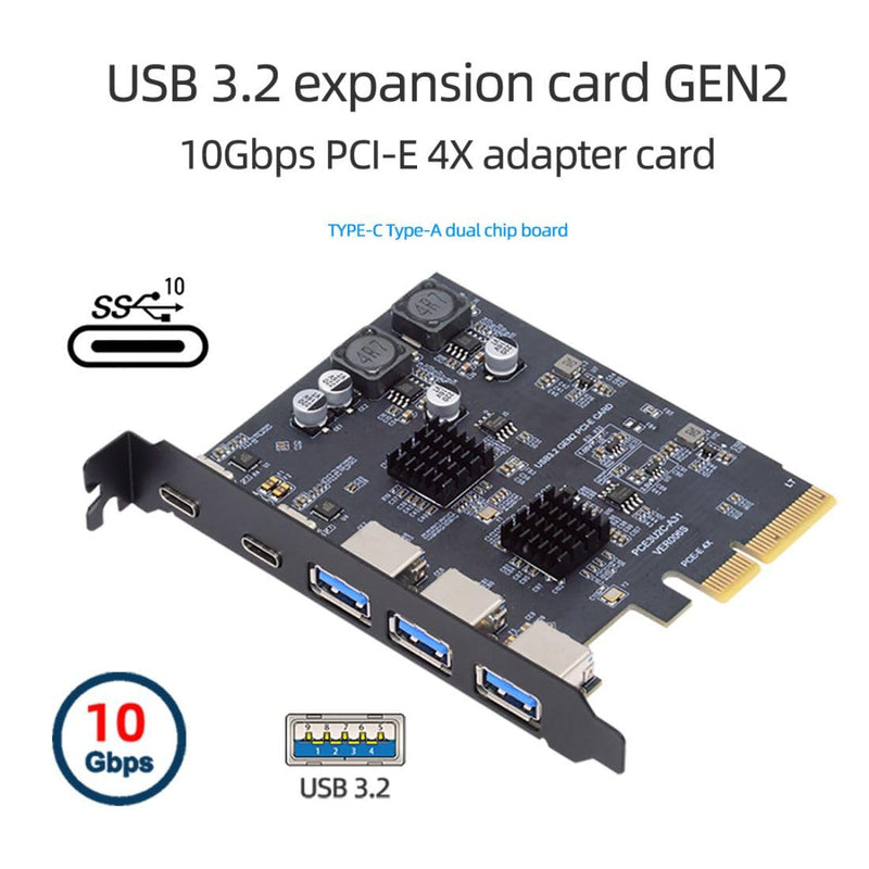 chenyang 5 Port PCI-E 4X to 2 USB C/3 USB 3.0 Panel Socket USB 3.2 Gen2 PCI Express Expansion Card Adapter with ASM3142 VL822 Dual Chipset 5 Port 2 USB C/3 USB 3.0