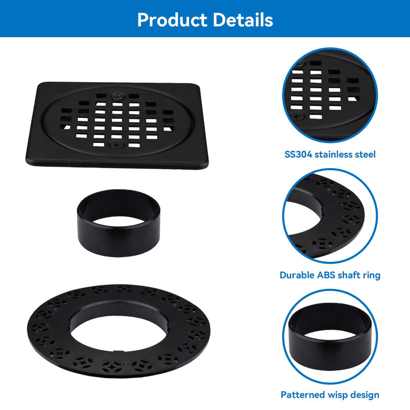 4 Inch Drain Grate Kit Fit for Drain Flange Drain CUPC Certification | Square Shower Floor Drain Matte Black 4 Inch