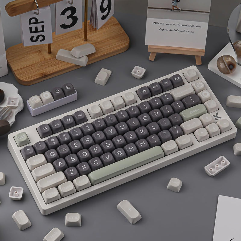 PBT Double Shot Keycaps 131 Keys MOA Profile Keycaps | Minimalist Retro White Grey Green Dye Sub Custom Classic Key Caps for Cherry Gateron MX Switches Mechanical Keyboards