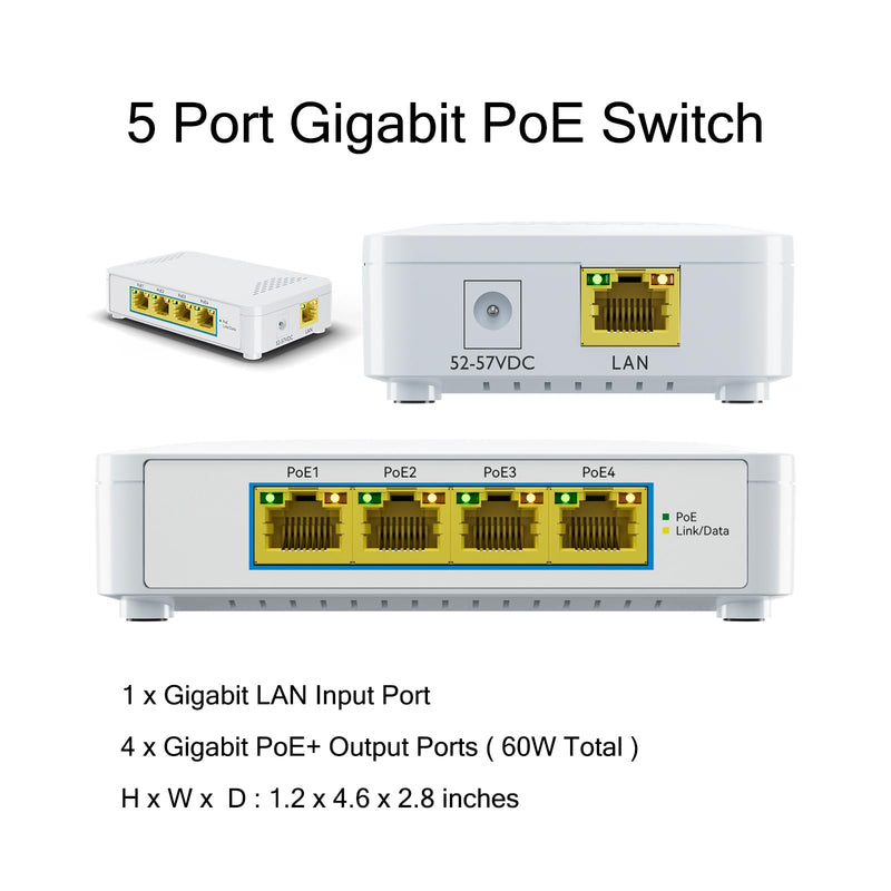 EN-S4P 5 Port Gigabit PoE Switch - 4 PoE+ Ports, 60W Total, Plug and Play, Small Desktop Switch for Camera/Access Point/IP Phones