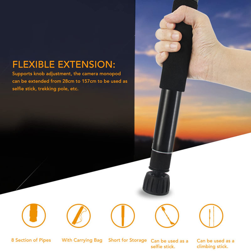 62 Inch Camera Monopod, 8 Sections Aluminum Camera Camcorder Monopod 157cm / 61.81in Portable Travel Selfie Stick DSLR Monopod, Trekking Pole for Hiking Camping