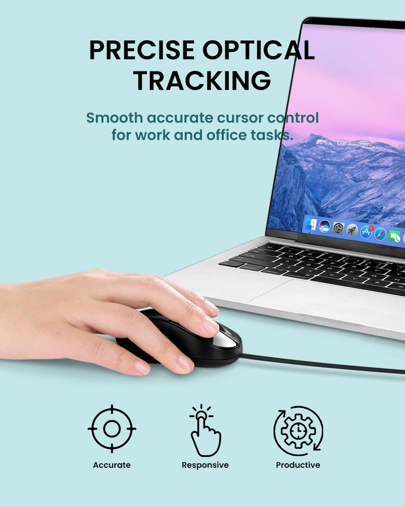 Perixx PERIMICE-405C Wired Portable USB-C Mouse - Reliable 2ft Wired USB-C Cable for Laptop, Tablet, or Smartphone - Silent Click - Black