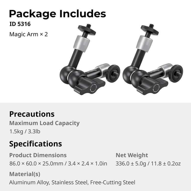 SmallRig 5.5-inch Magic Arm 2-Pack, Articulating Adjustable Friction Arm Mount with 1/4"-20 Thread Screw, for Camera Monitor/LED Light Setup, 5316