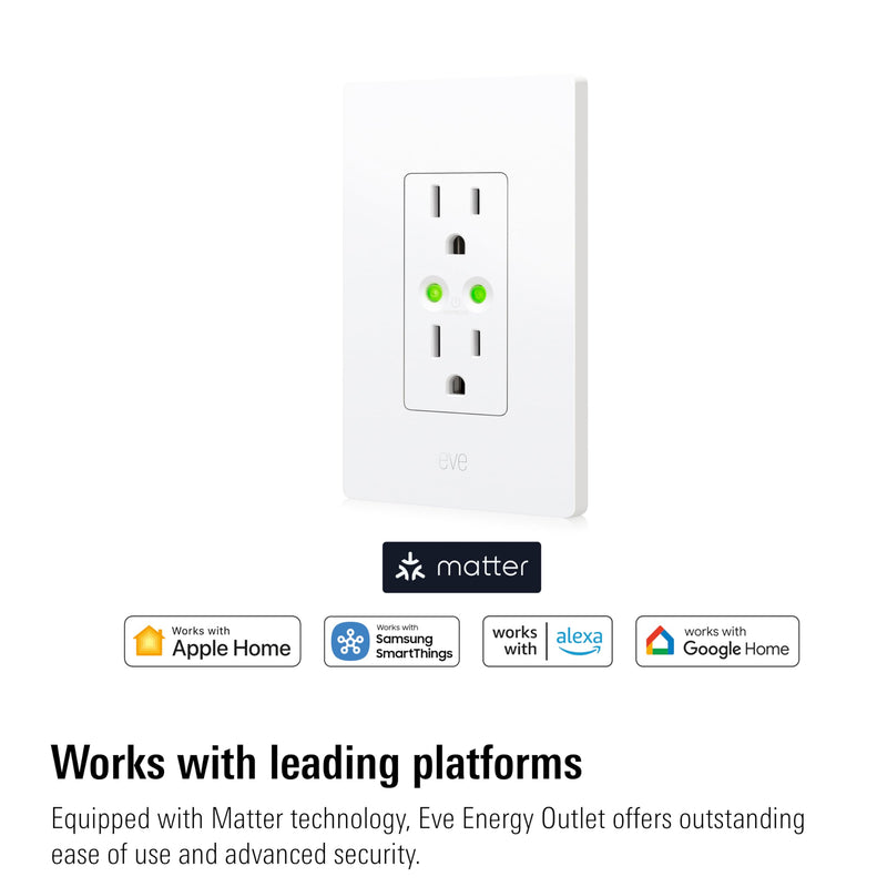 Eve Energy Outlet (Matter) – Smart Outlet & Power Meter, App & Voice Control, No Bridge, Thread, Works with Apple Home, Alexa, Google Home, SmartThings, 100% Privacy, Requires Thread Border Router Single