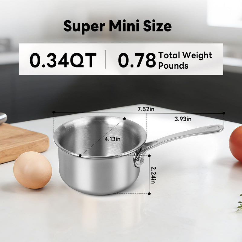 Macevia Mini Sauce Pan with Lid, Stainless Steel Butter Warmer Small Pot, For All Stoves Multipurpose Use for Home Kitchen or Restaurant (10.8oz/320ml) - Silver 0.34 QT
