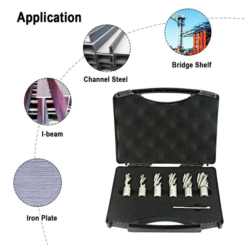 Annular Cutter Set, 7 Pcs 1-Inch HSS M2 Annular Cutters with Weldon Shank,Cutting Depth 1" Cutting Diameter 1/2" to 1", Mag Drill Bits Kit for Magnetic Drill Press, with 1 Pilot Pins