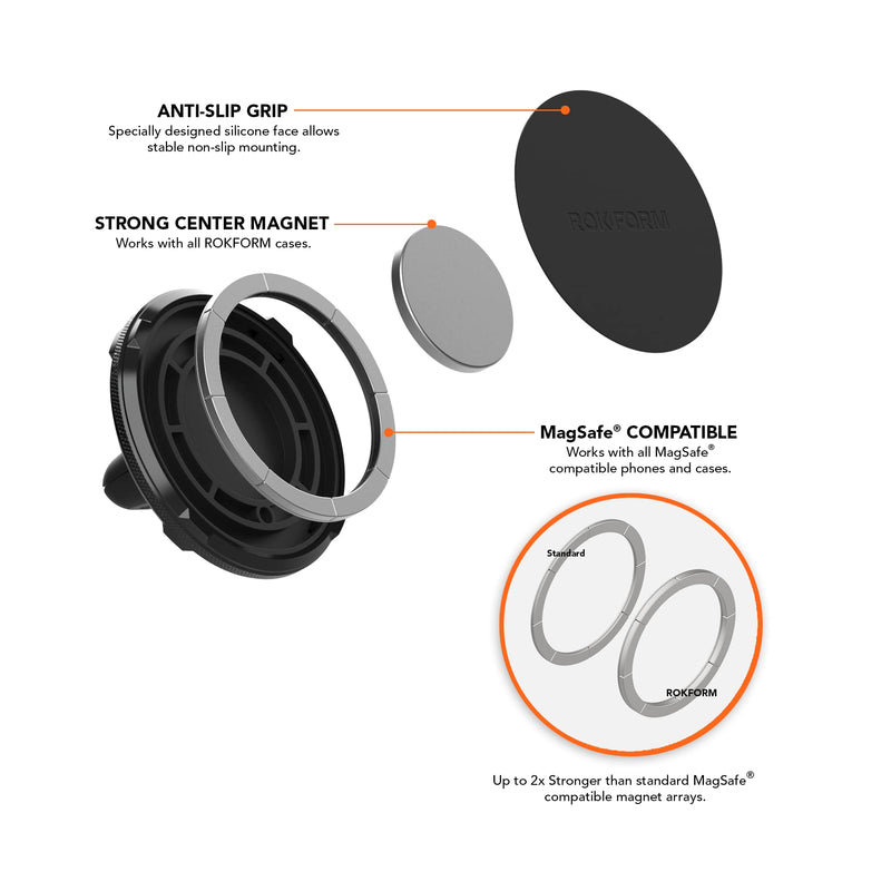 Rokform Dual Magnet Vent Phone Mount, Super Grip Clip (Black) | Compatible with Mag Safe Cases, Magnetic, Aluminum & Silicone, Fits Most Air Vent Slats