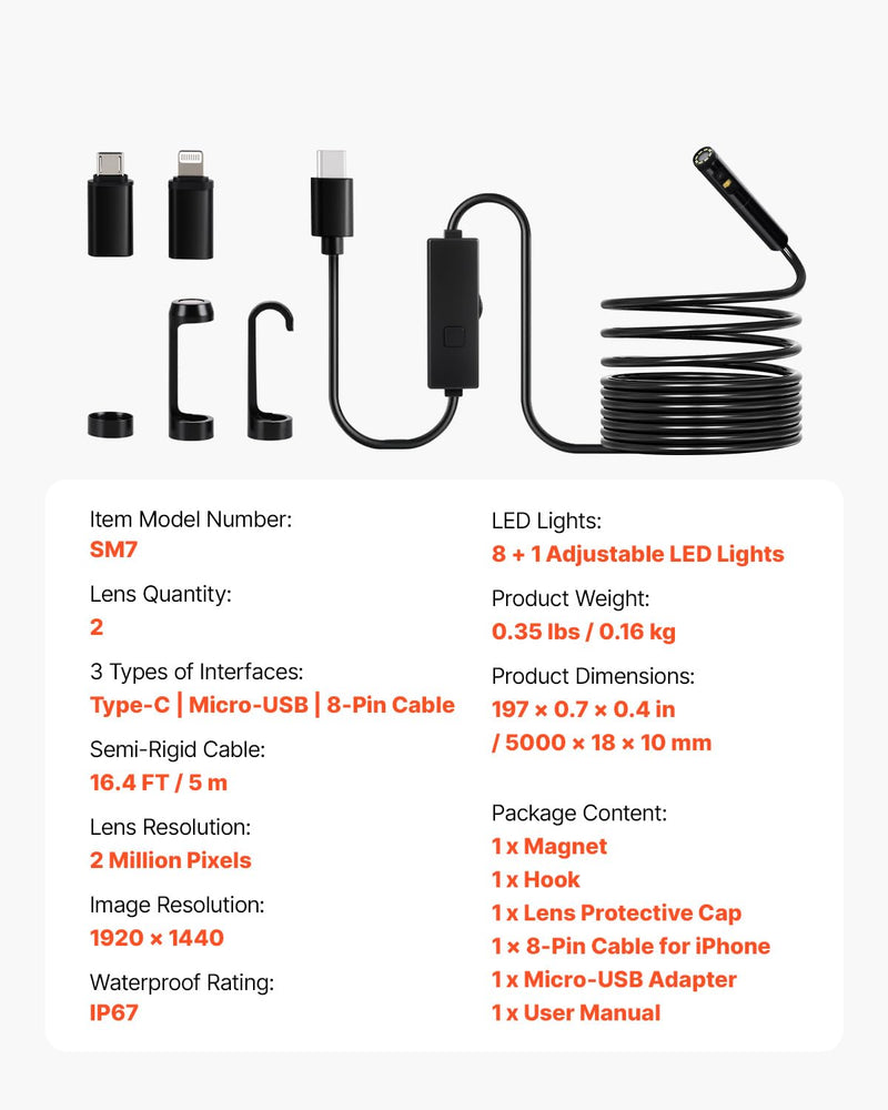 VEVOR Endoscope Camera with Light, Dual Lens Borescope for Android & iOS, 1920P HD Inspection Camera with 8 + 1 LED Light, 2X Zoom, 16.4FT Snake Cable, IP67 Waterproof Snake Camera for Auto, Plumbing