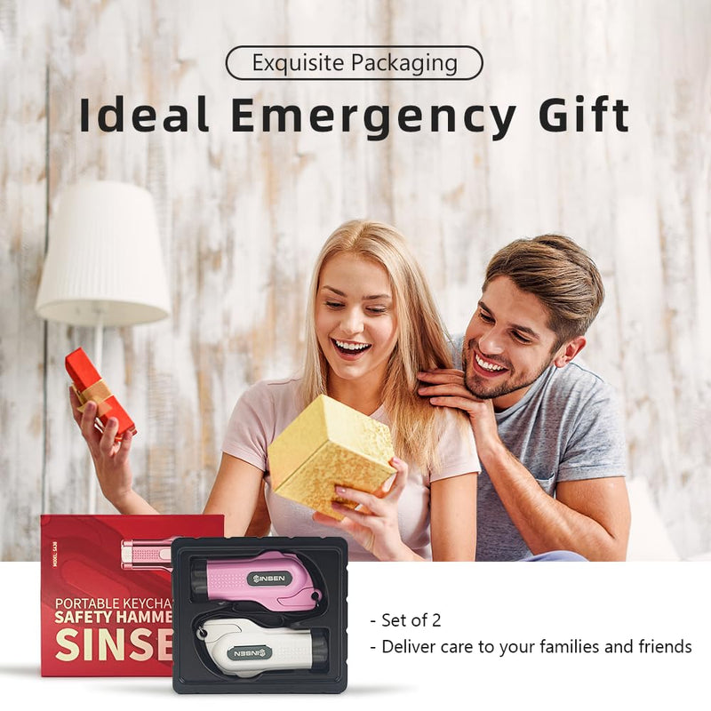  [AUSTRALIA] - SINSEN Car Safety Hammer, 2-Pack Window Glass Breaker & Seatbelt Cutter, Emergency Keychain, Automotive Escape Kit and Survival Tool for Land/Underwater, Pink & White