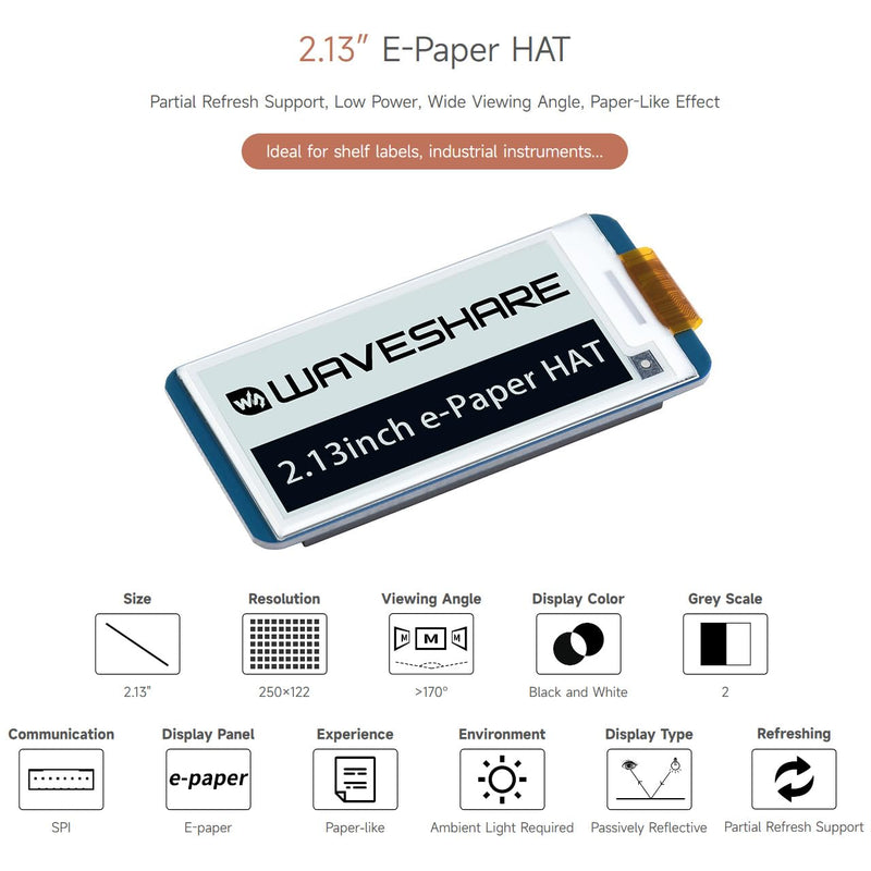 2PCS Waveshare 2.13inch E-Ink Display HAT V4 Version Compatible with Raspberry Pi 5/4B/3B+/3B/2B/B+/A+/Zero/Zero W/WH/Zero 2W, 250x122 Resolution SPI Interface Supports Partial Refresh