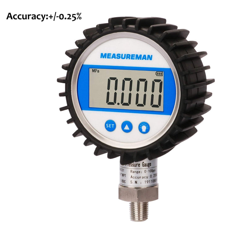 MEASUREMAN 3-1/8" Dial Size, Digital Pressure Gauge, 0-5000psi/bar/Mpa/Kpa, 1/4" NPT Lower Mount, 0.25% Accuracy